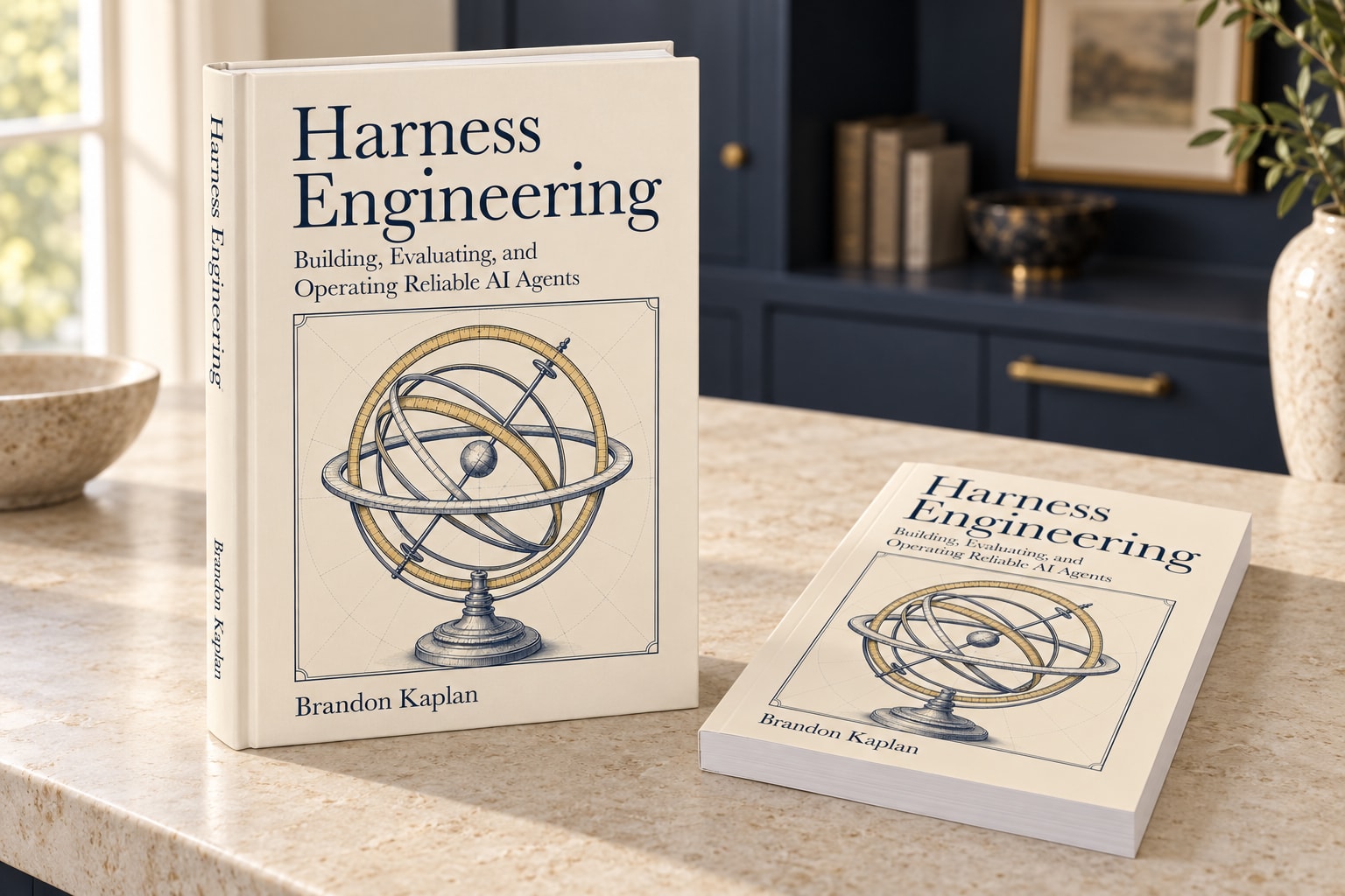 Harness Engineering hardcover standing beside a paperback on a limestone counter, with navy cabinetry and warm brass accents.